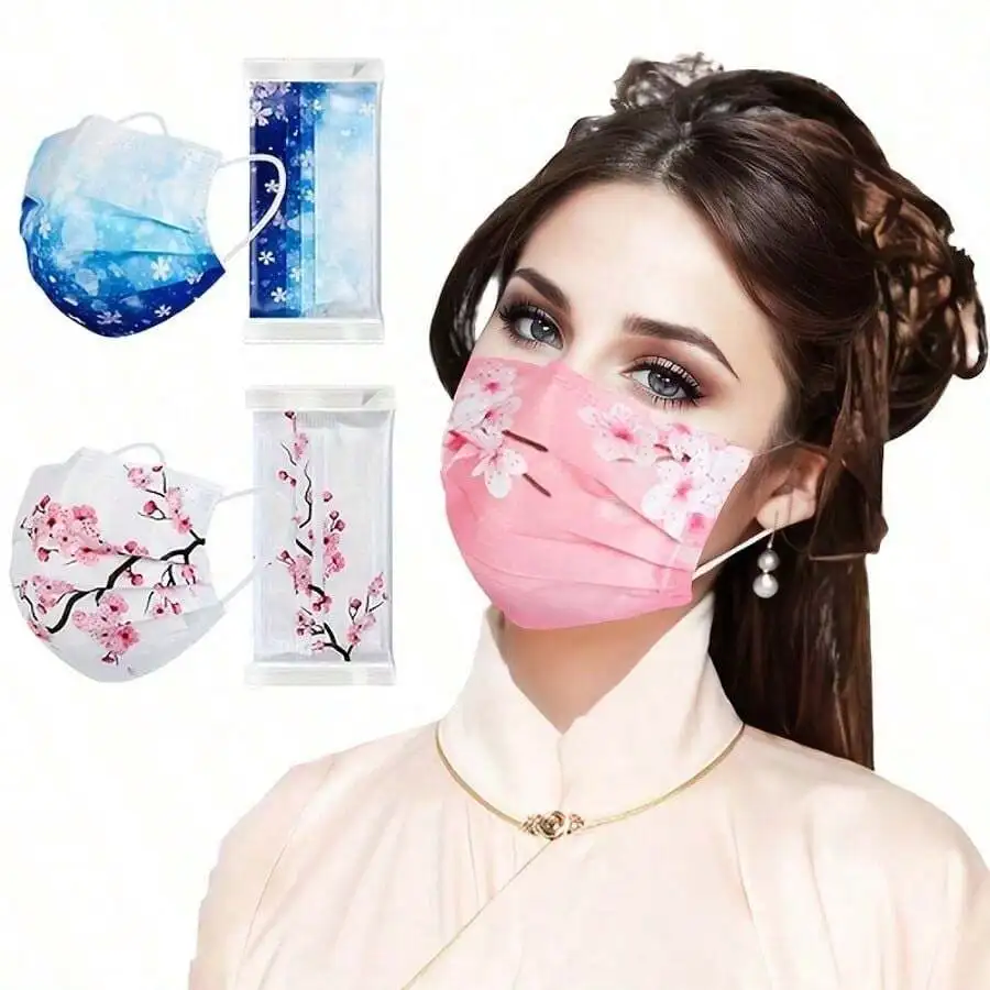10pcs Floral Sakura Print 3-Pl - Disposable Mask Blue 리뷰 및 가격